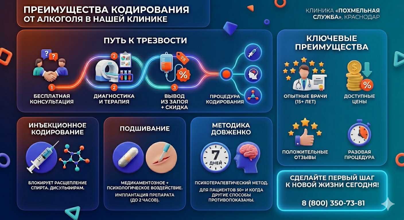 Инфографика о методах кодирования от алкоголя в Пионерском: инъекции, подшивание, метод Довженко. Преимущества клиники и этапы лечения.