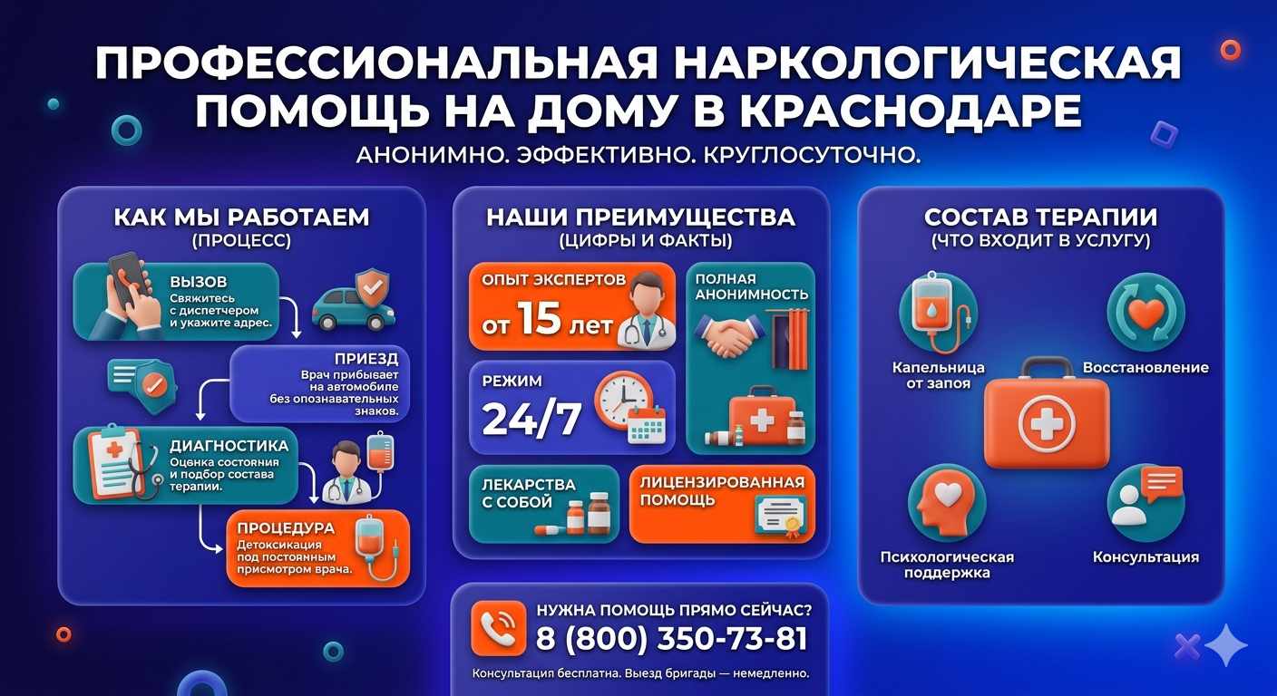 Инфографика о принципах лечения алкоголизма на дому в Пионерском: этапы вызова нарколога, преимущества анонимной детоксикации и состав медицинской помощи.